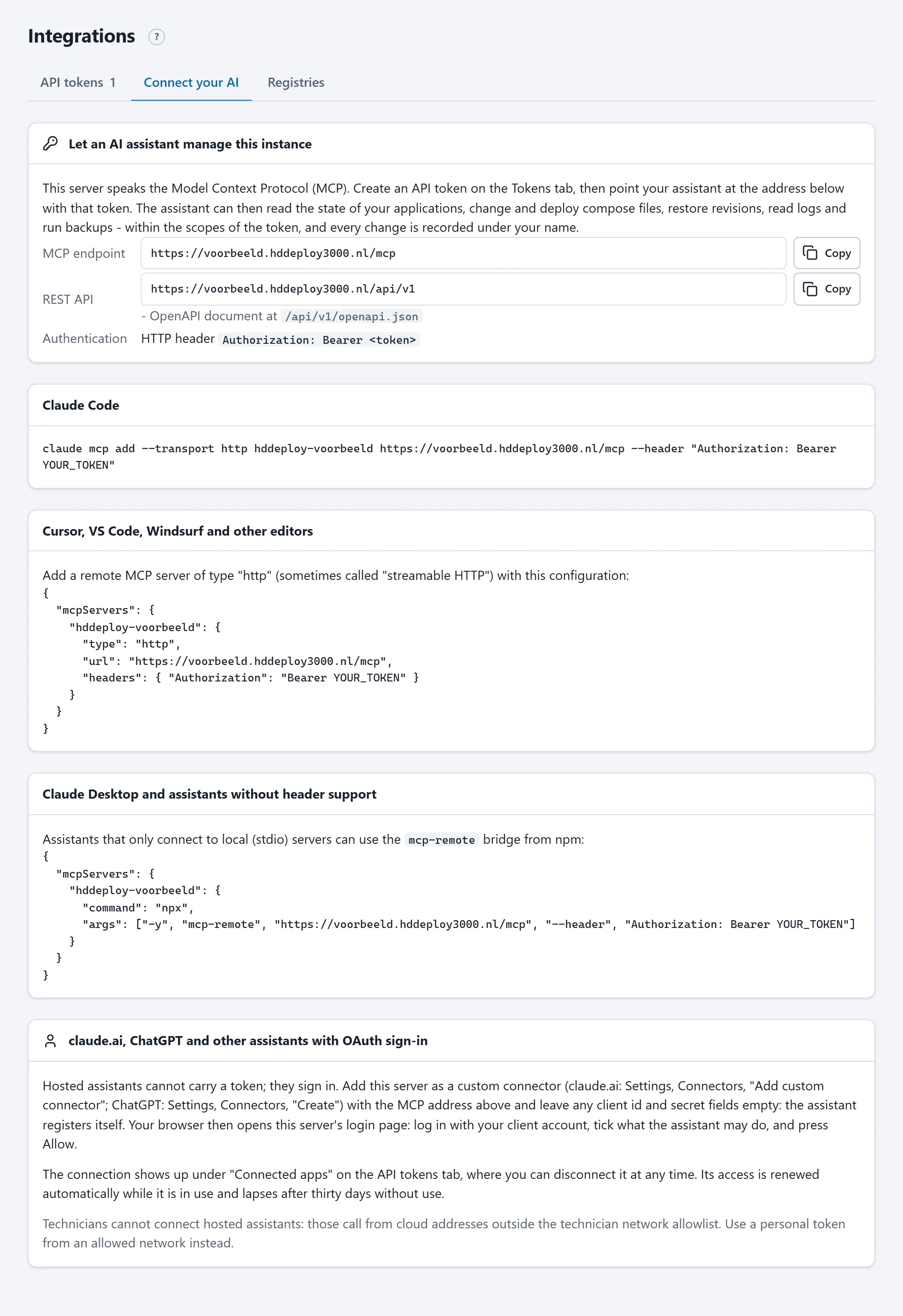 Het tabblad Connect your AI