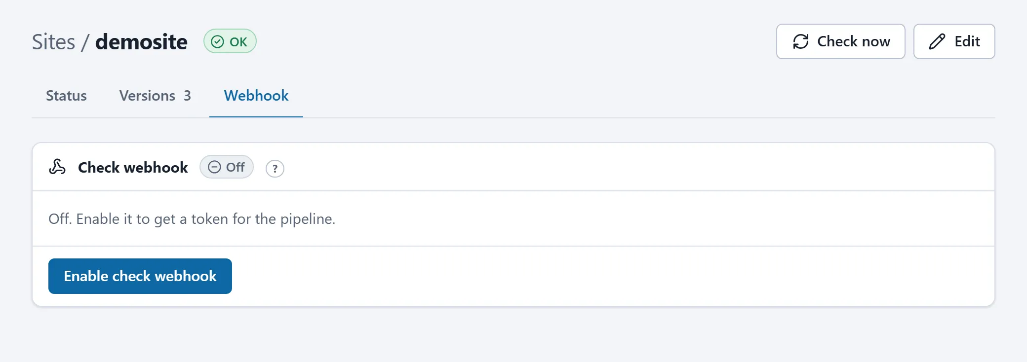 Het tabblad Webhook van een site